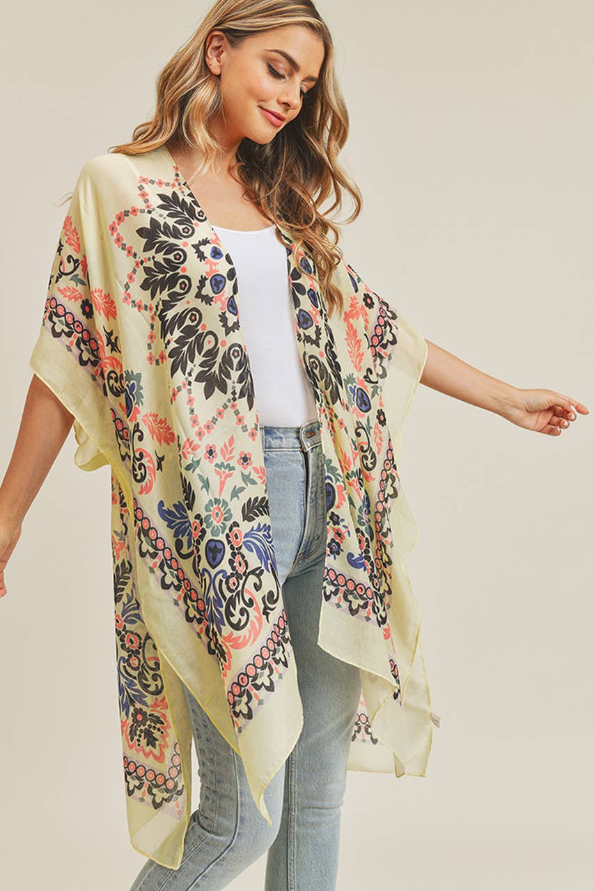Bohemian Print Summer Kimono: Beige/Burgundy