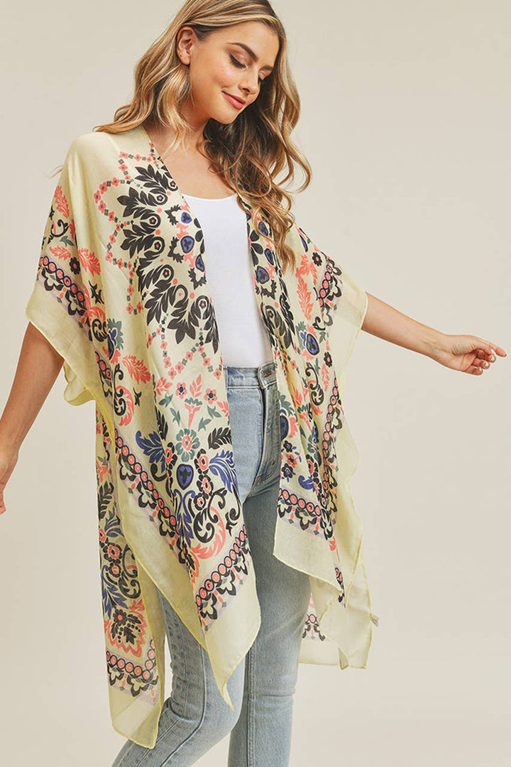 Bohemian Print Summer Kimono: Beige/Burgundy