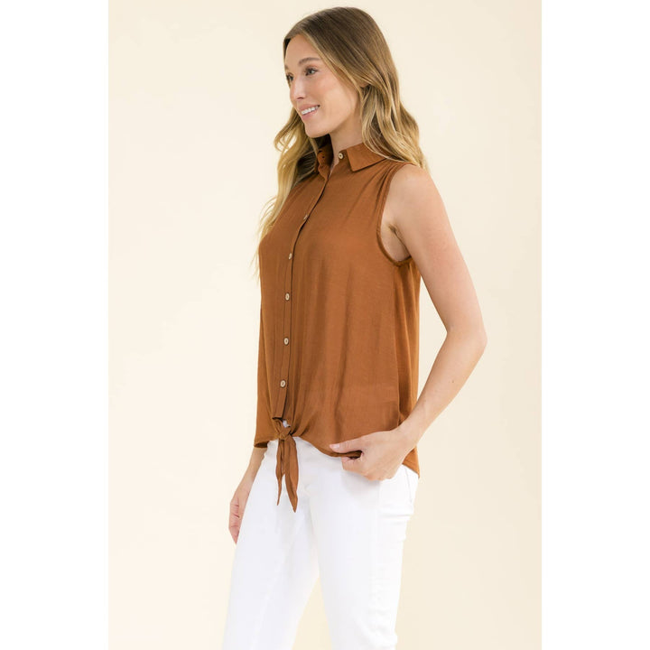 COLLAR TIE FRONT SHIRT: Caramel Cafe