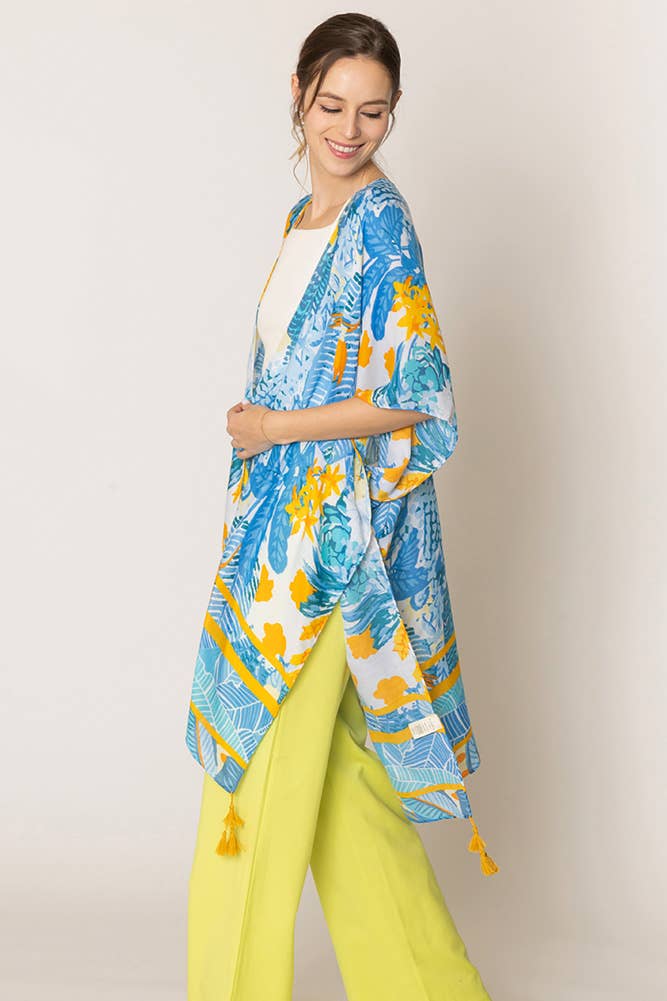 Floral Pattern Print Tassel Summer Kimono: Fuchsia