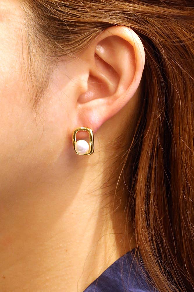 14K Square Pearl Post Earrings: White Gold