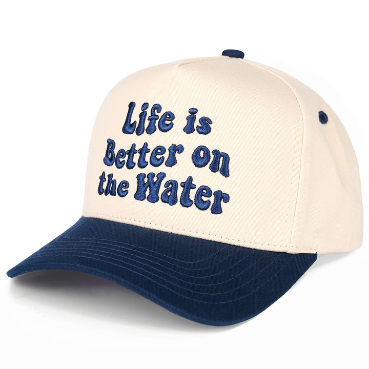 C.C LIFE IS BETTER ON THE WATER Letter Two Tone Trucker Hat: Sky Blue