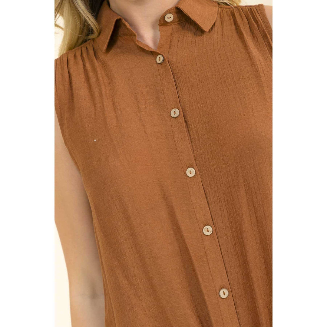 COLLAR TIE FRONT SHIRT: Caramel Cafe