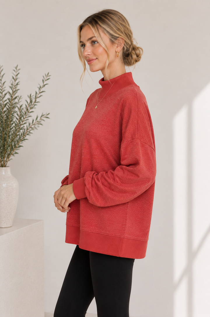 RED - MOCK NECK SWEATSHIRT WITH MELANGE FLEECE AND RIB CONTRAST