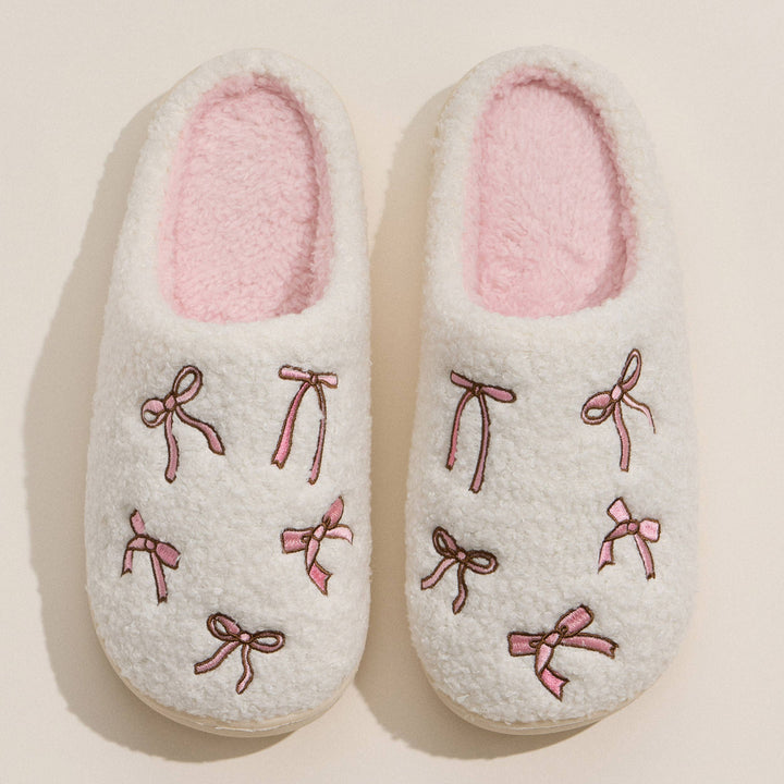 Pink Ribbon Pattern Embroidery Soft Slippers