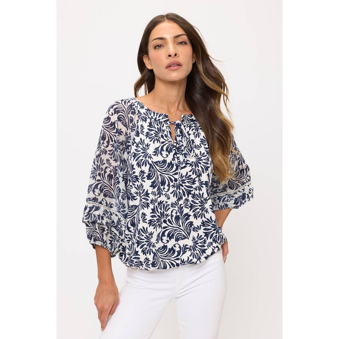 FLORAL MIX MEDIA LATTICE DETAIL BUBBLE HEM PEASANT: Cream/Navy