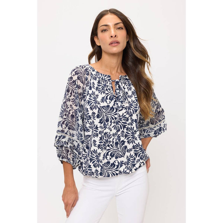 FLORAL MIX MEDIA LATTICE DETAIL BUBBLE HEM PEASANT: Cream/Navy