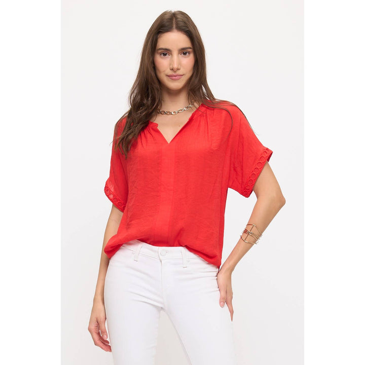 PAPAYA GAUZE SPLIT NECK CROCHET RUFFLE DOLMAN: Fiery Red
