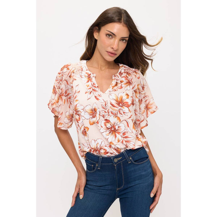FLORAL ITY MIX MEDIA SPLIT NECK FASHION TEE