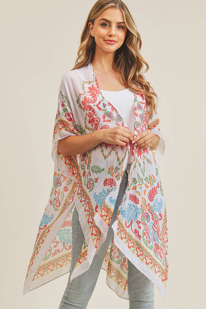 Bohemian Print Summer Kimono: Beige/Burgundy