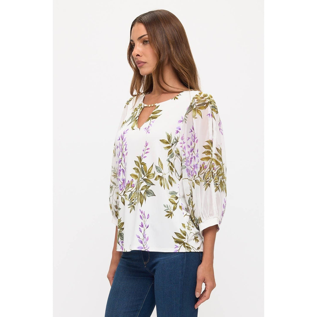 FLORAL SLIT SLEEVE PEARL TRIM BLOUSE: IVORY/GREEN/LILAC
