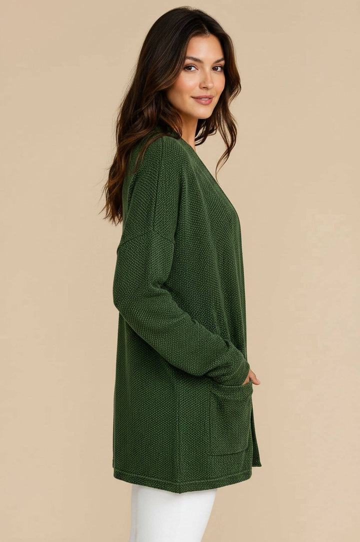 OLIVE JACQUARD KNIT OPEN CARDIGAN WITH POCKETS