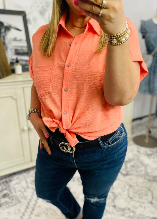 Coral Sunlit Breeze Button Down Top