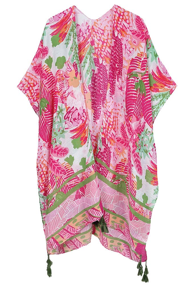 Floral Pattern Print Tassel Summer Kimono: Fuchsia
