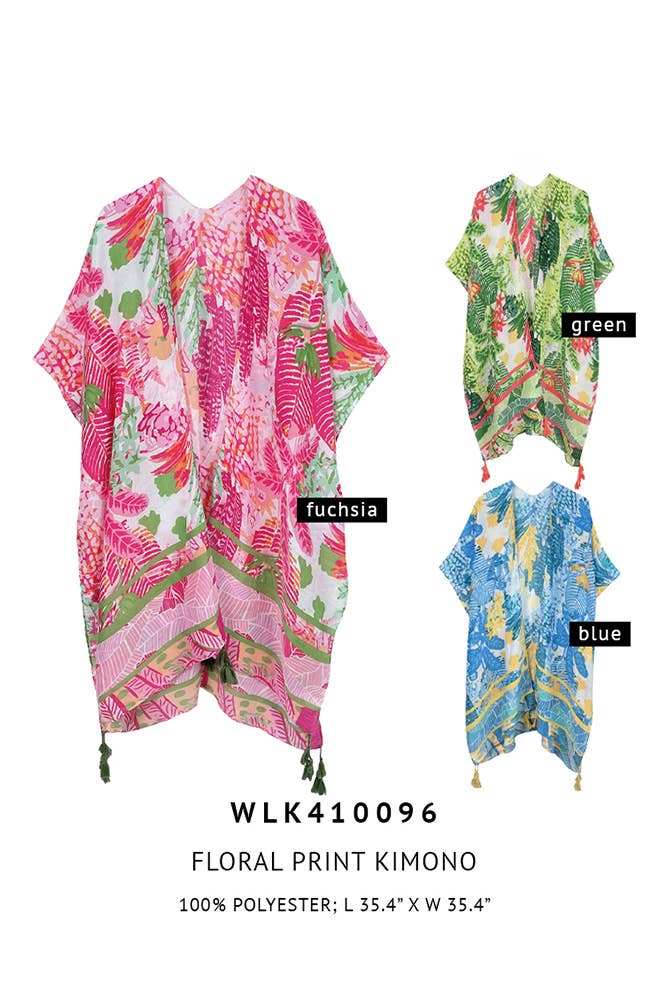 Floral Pattern Print Tassel Summer Kimono: Fuchsia