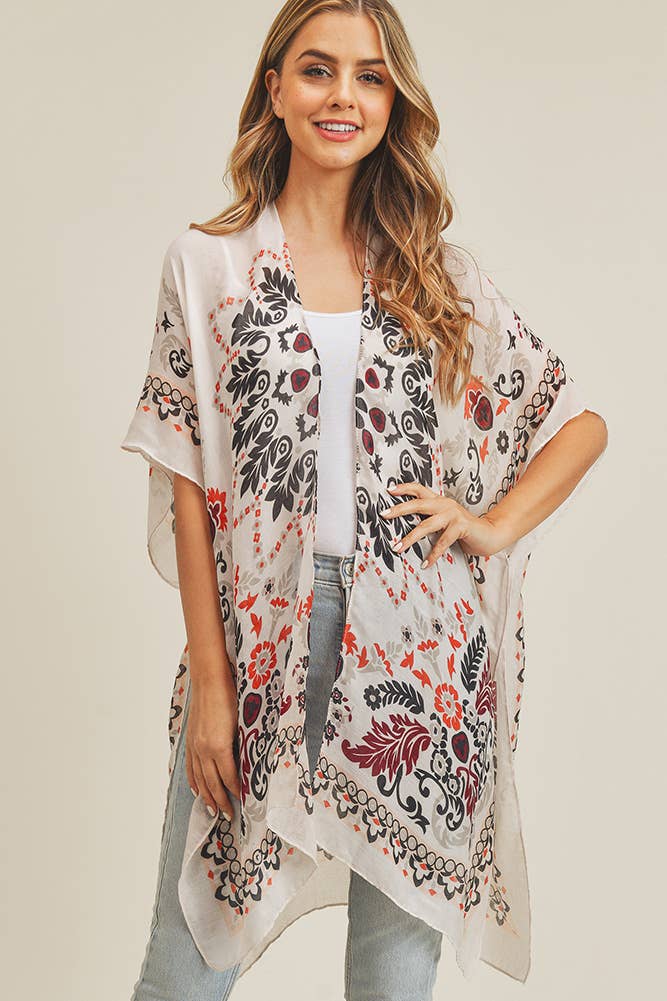 Bohemian Print Summer Kimono: Beige/Burgundy