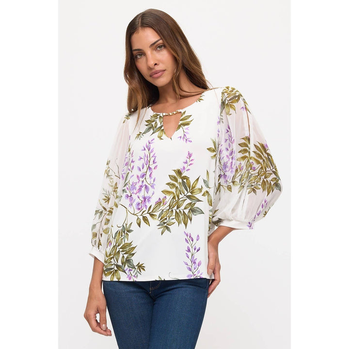 FLORAL SLIT SLEEVE PEARL TRIM BLOUSE: IVORY/GREEN/LILAC