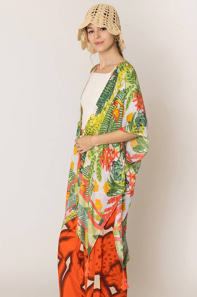 Floral Pattern Print Tassel Summer Kimono: Fuchsia