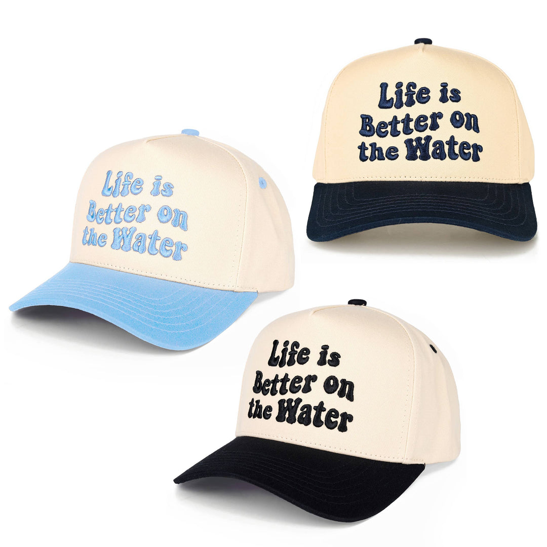 C.C LIFE IS BETTER ON THE WATER Letter Two Tone Trucker Hat: Sky Blue
