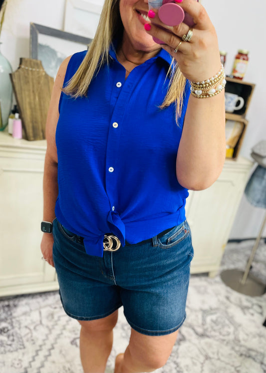 Royal Blue Sleeveless Button Down with Collar Top