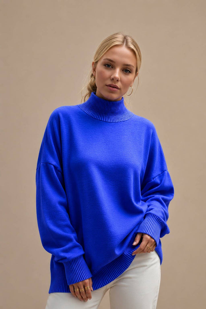 ROYAL BLUE - MOCK NECK FLEECE SWEATSHIRT WITH WAVE RIB DETAILS