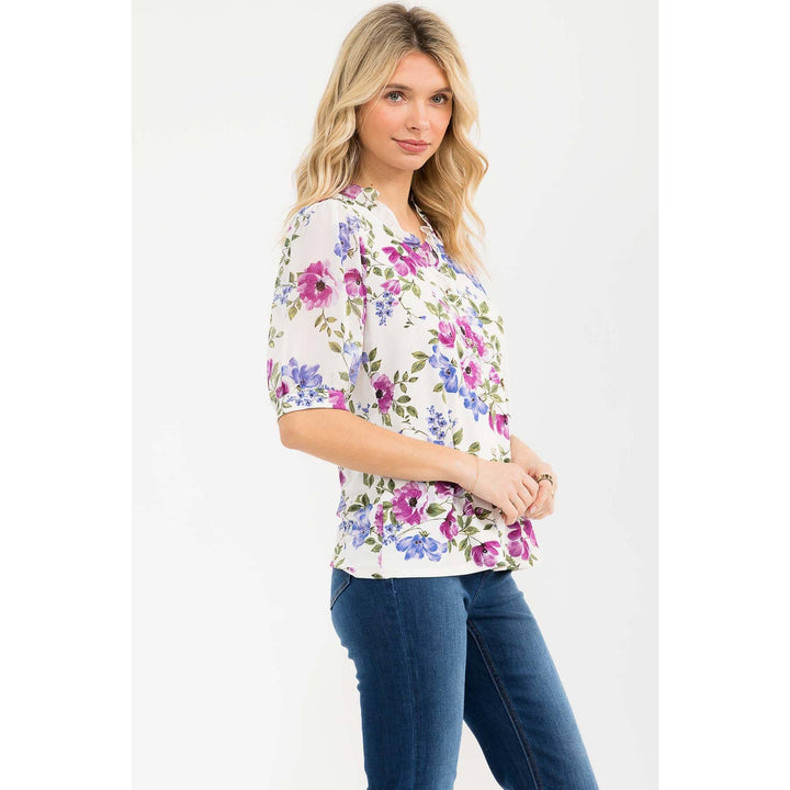 FLORAL MIX MEDIA BUTTON DOWN RUFFLE SHIRT: IVORY/BLUE/LAVENDER