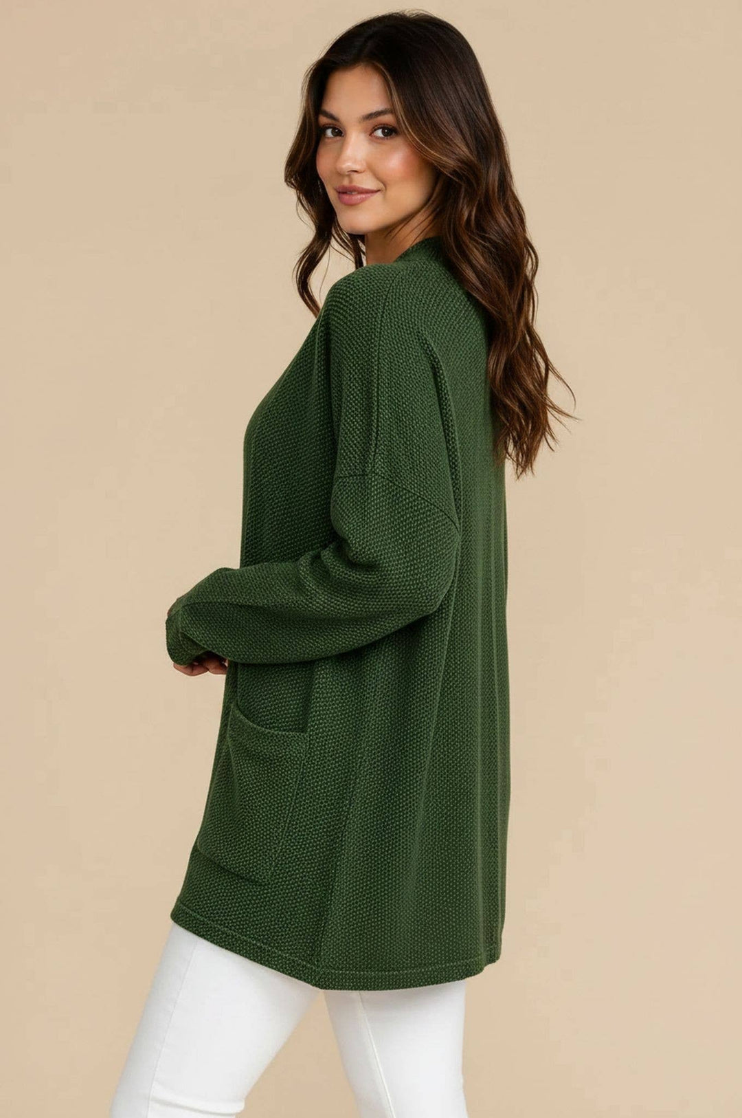 OLIVE JACQUARD KNIT OPEN CARDIGAN WITH POCKETS
