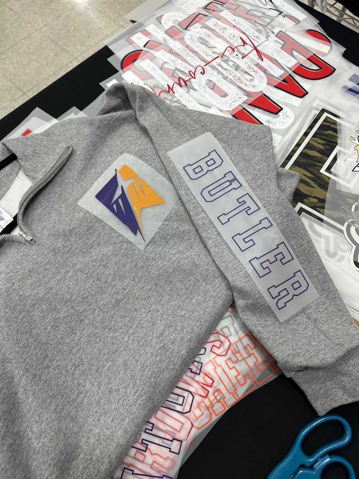 1/4 ZIP SWEATSHIRT HOLLOW SLEEVE FONT WITH MASCOT CHEST - CUSTOM