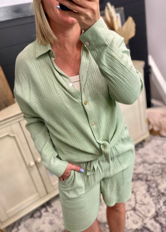 Sage Long Sleeve Gauze Top