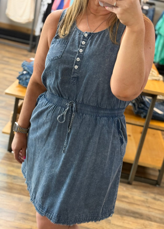 Scoop Neck Frayed Hem Denim Henley Mini Dress
