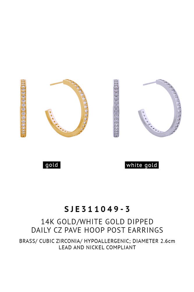 14K Daily CZ Pave Hoop Post Earring: Gold / 2.6 cm