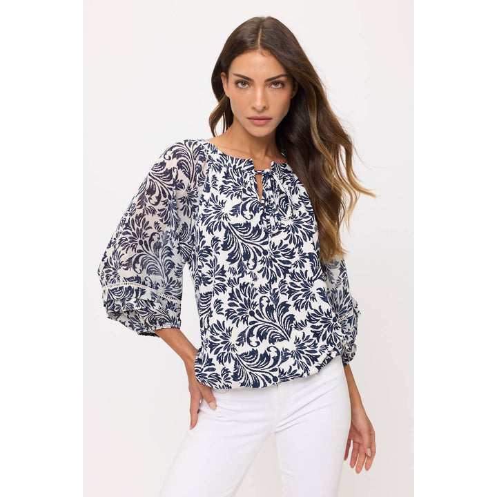 FLORAL MIX MEDIA LATTICE DETAIL BUBBLE HEM PEASANT: Cream/Navy