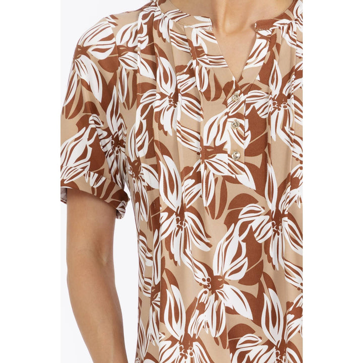 FLORAL BUTTON FRONT SHIRT: TAUPE/BROWN/IVORY