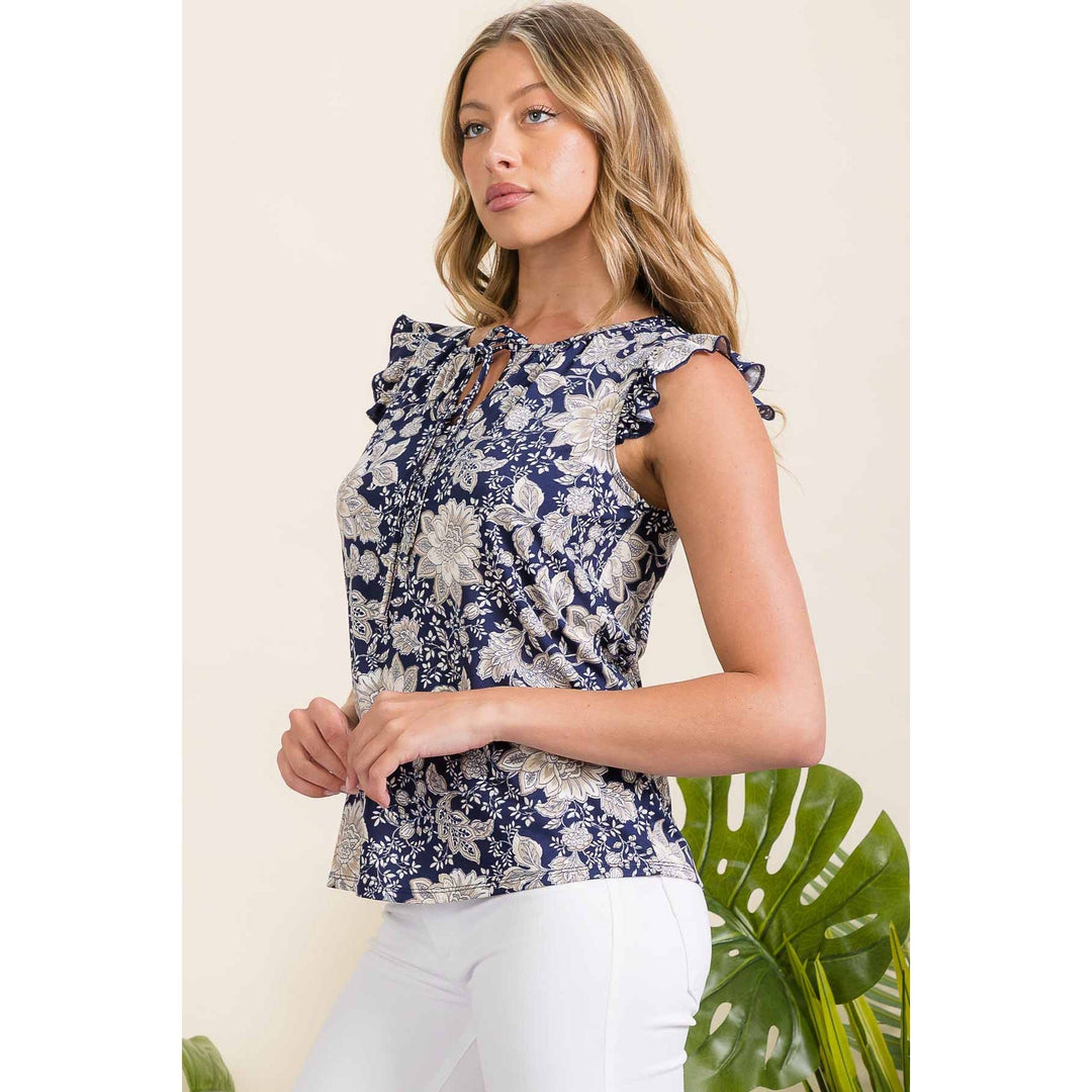 FLORAL ITY TIE KEYHOLE RUFFLE TANK