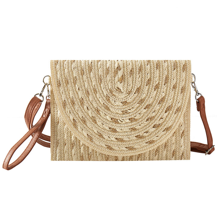 Gold Threads Mixed Striped Straw Clutch Crossbody Bag: Beige