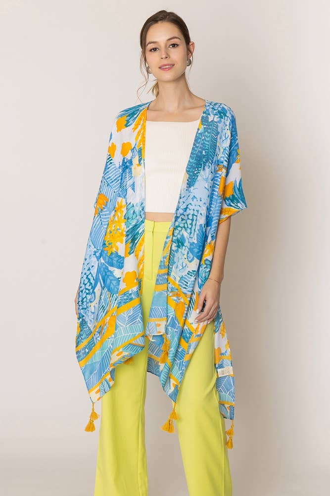 Floral Pattern Print Tassel Summer Kimono: Fuchsia