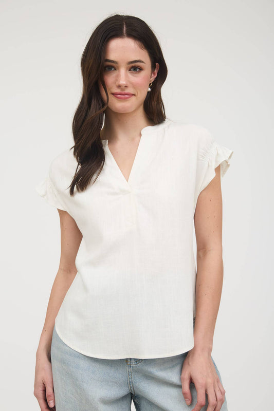 White Split Neck Linen Blouse