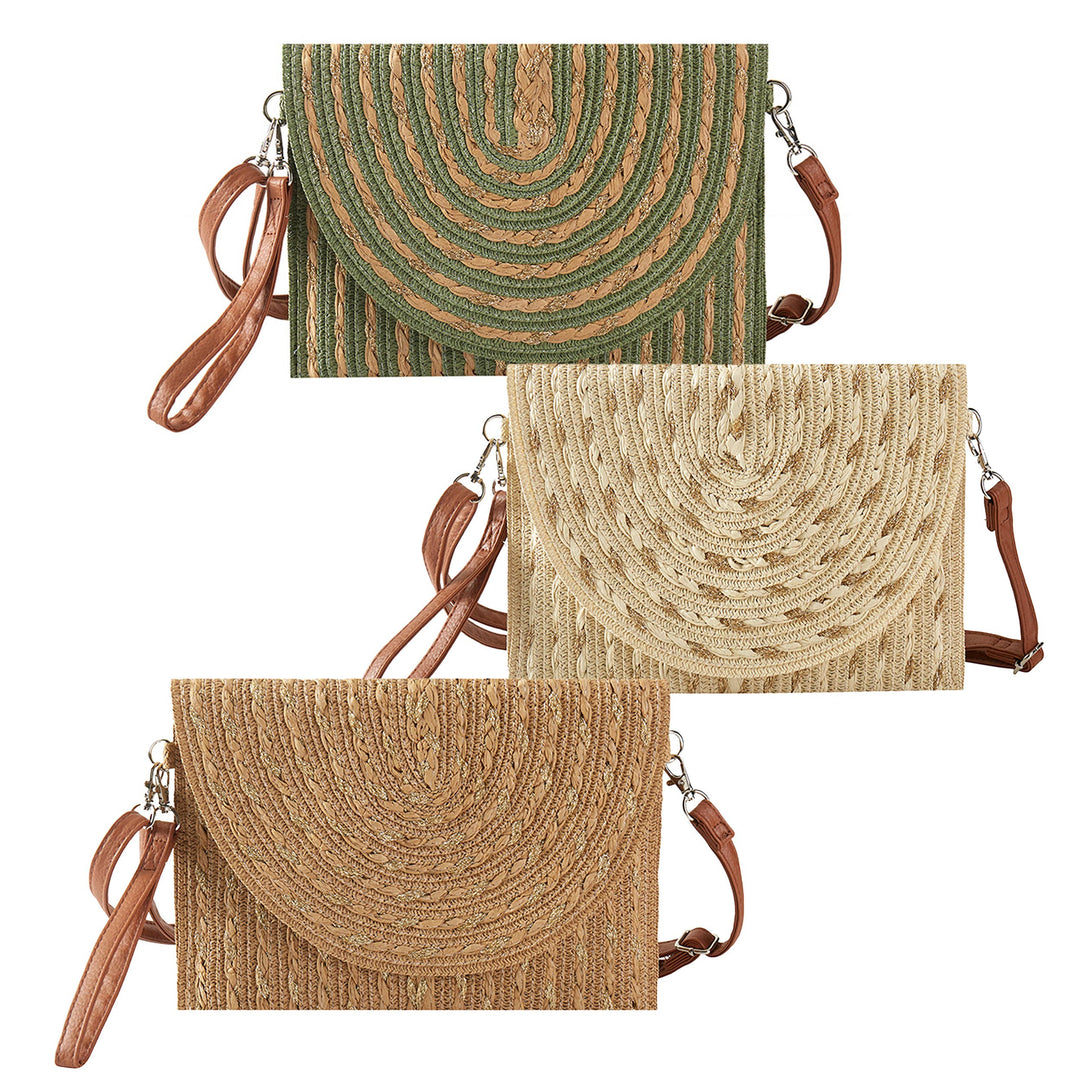 Gold Threads Mixed Striped Straw Clutch Crossbody Bag: Beige