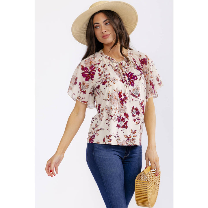 RUFFLE ANGEL SLEEVE PEASANT: TAUPE/BERRY/MAUVE