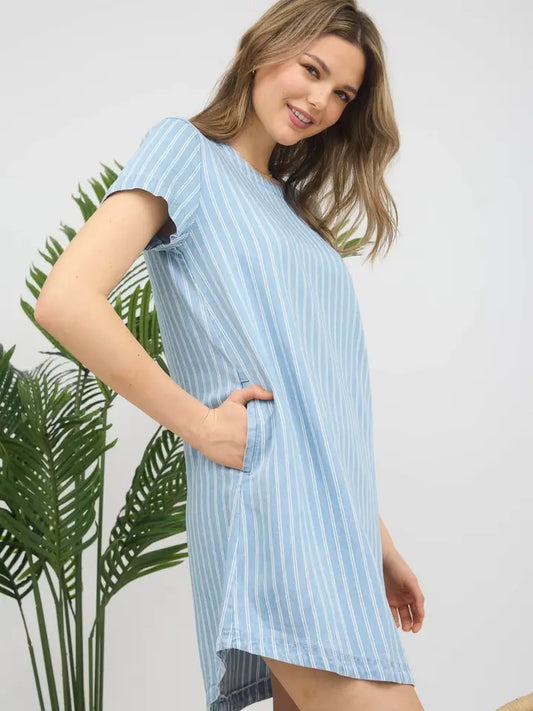 Stripe Round Neck Button Back Dress