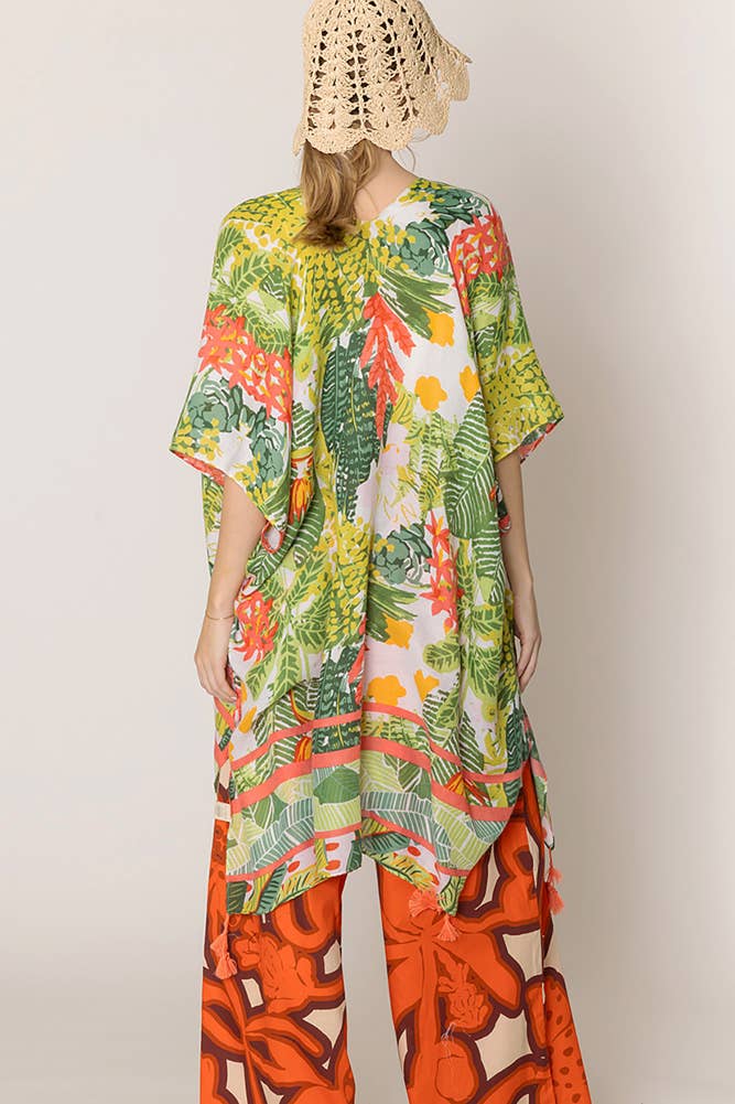 Floral Pattern Print Tassel Summer Kimono: Fuchsia