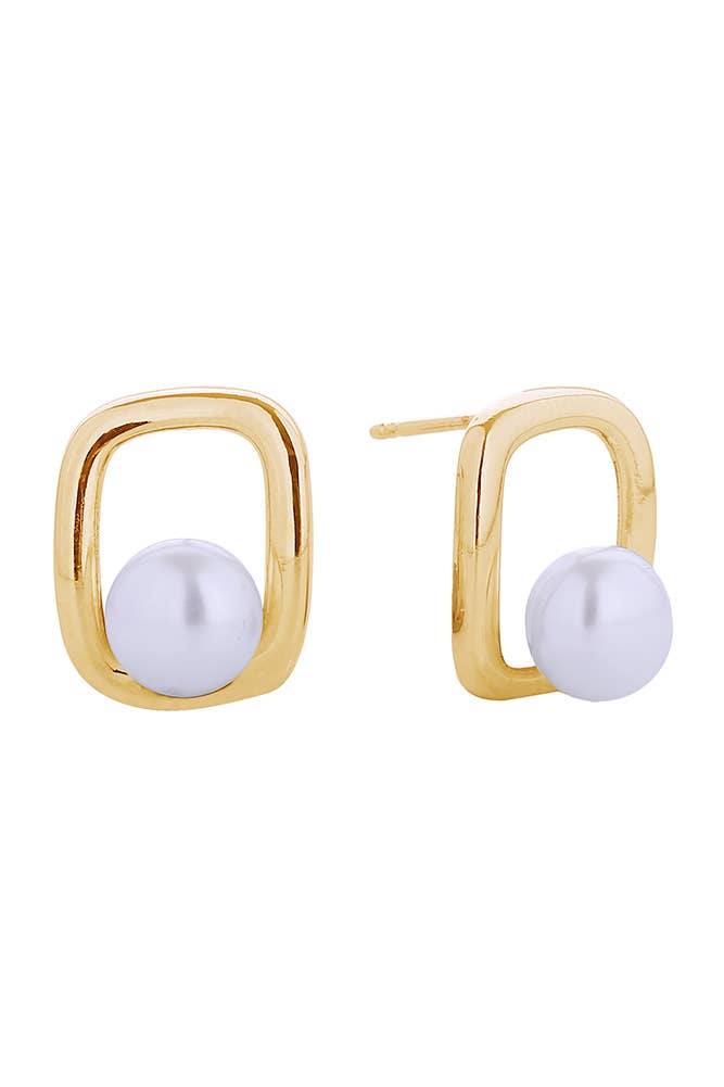 14K Square Pearl Post Earrings: White Gold