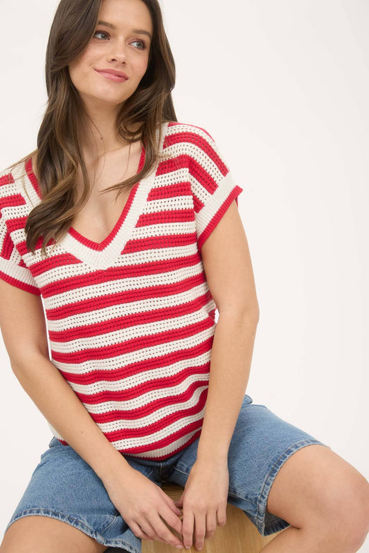 Red, White & Stripe V Neck Top