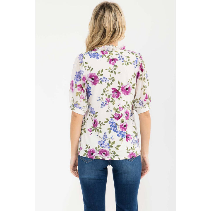 FLORAL MIX MEDIA BUTTON DOWN RUFFLE SHIRT: IVORY/BLUE/LAVENDER