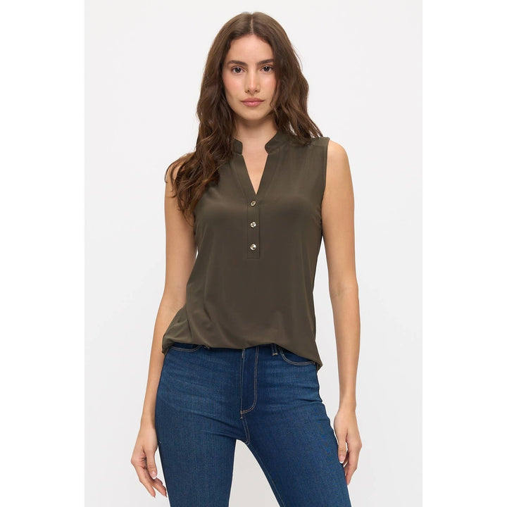 SLEEVELESS BUTTON DOWN SHIRT: Tapenade