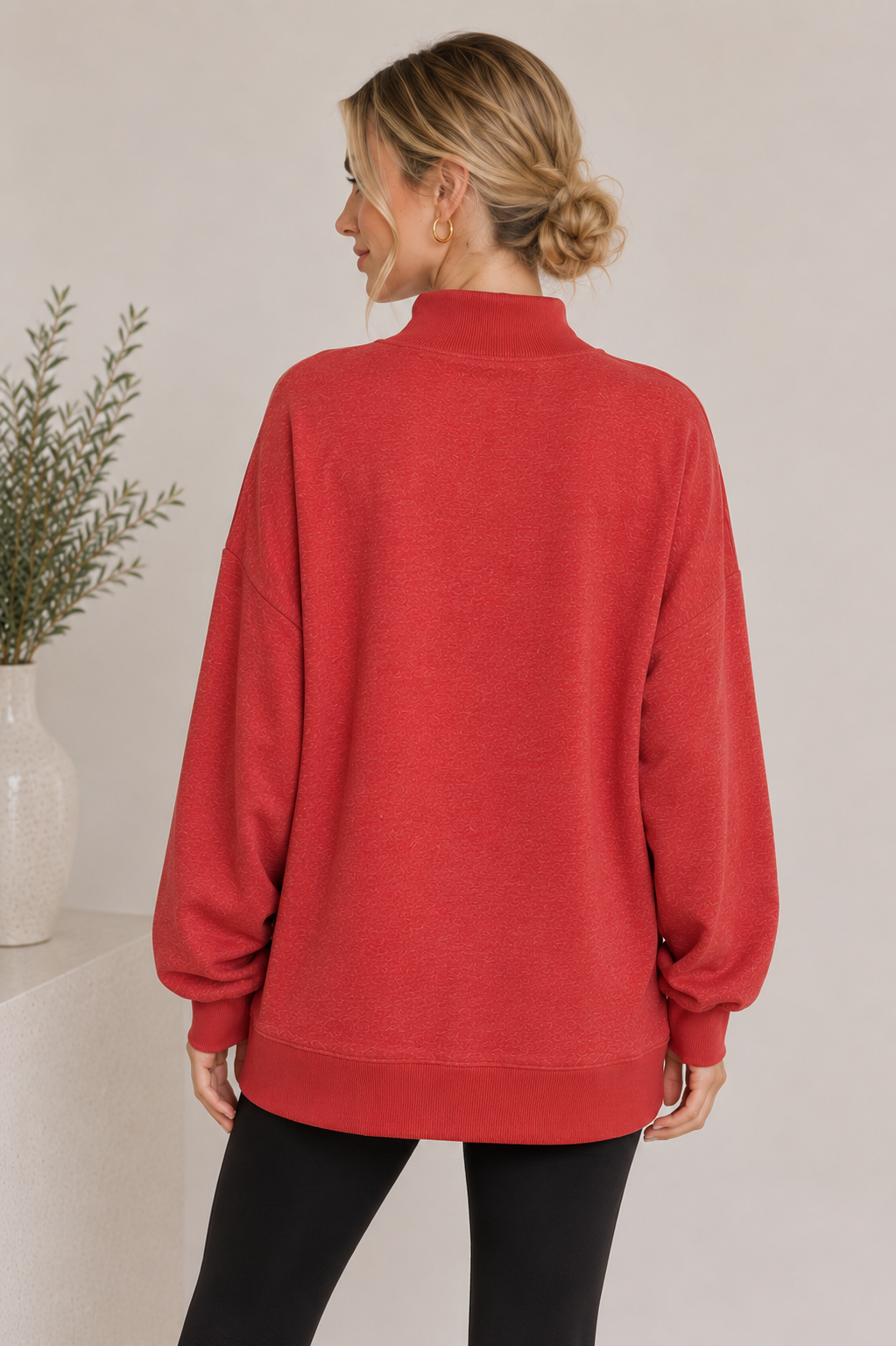 RED - MOCK NECK SWEATSHIRT WITH MELANGE FLEECE AND RIB CONTRAST