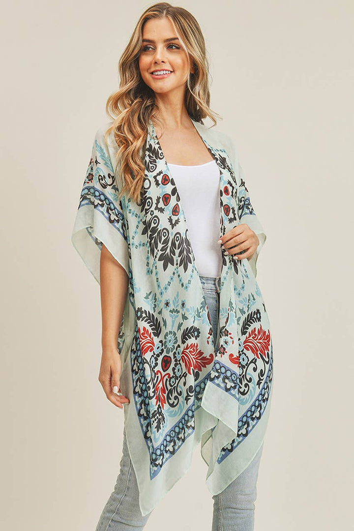 Bohemian Print Summer Kimono: Beige/Burgundy