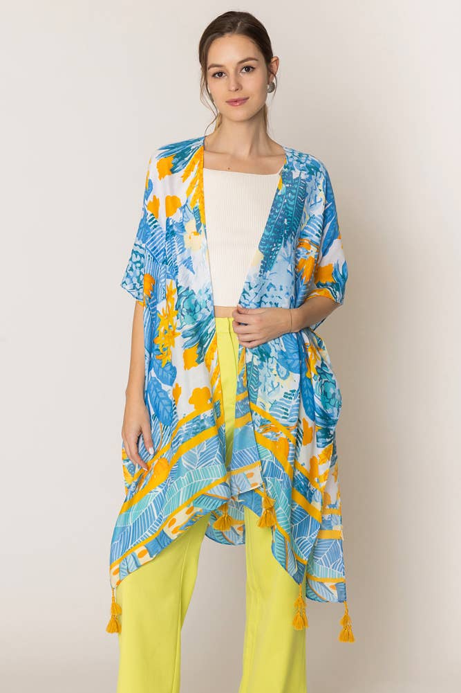Floral Pattern Print Tassel Summer Kimono: Fuchsia