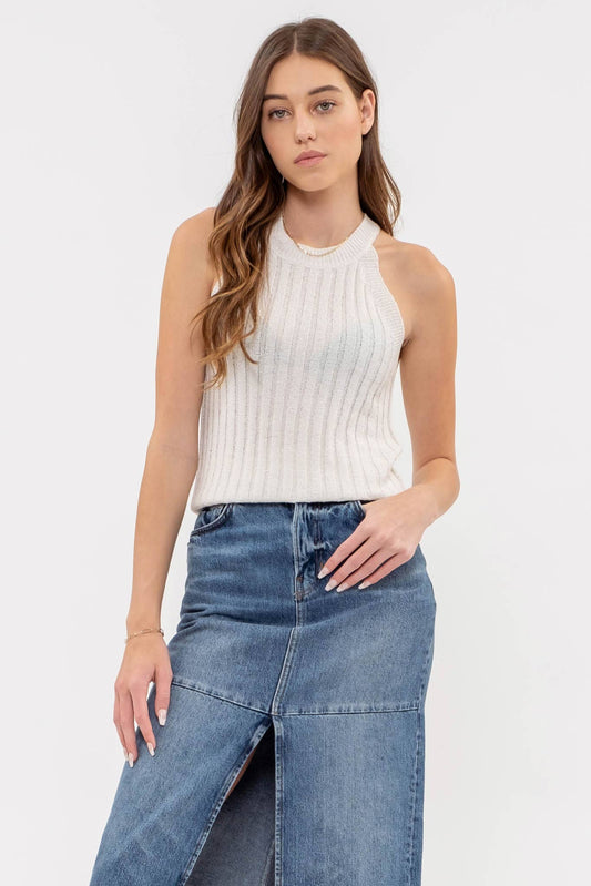 IVORY HALTER CROCHET KNIT TANK TOP