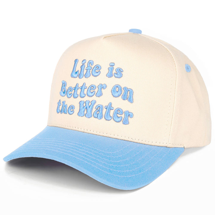 C.C LIFE IS BETTER ON THE WATER Letter Two Tone Trucker Hat: Sky Blue